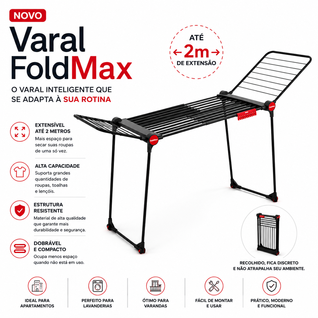 Varal FoldMax™ – Compacto e Dobrável [Até 2M de Abertura]