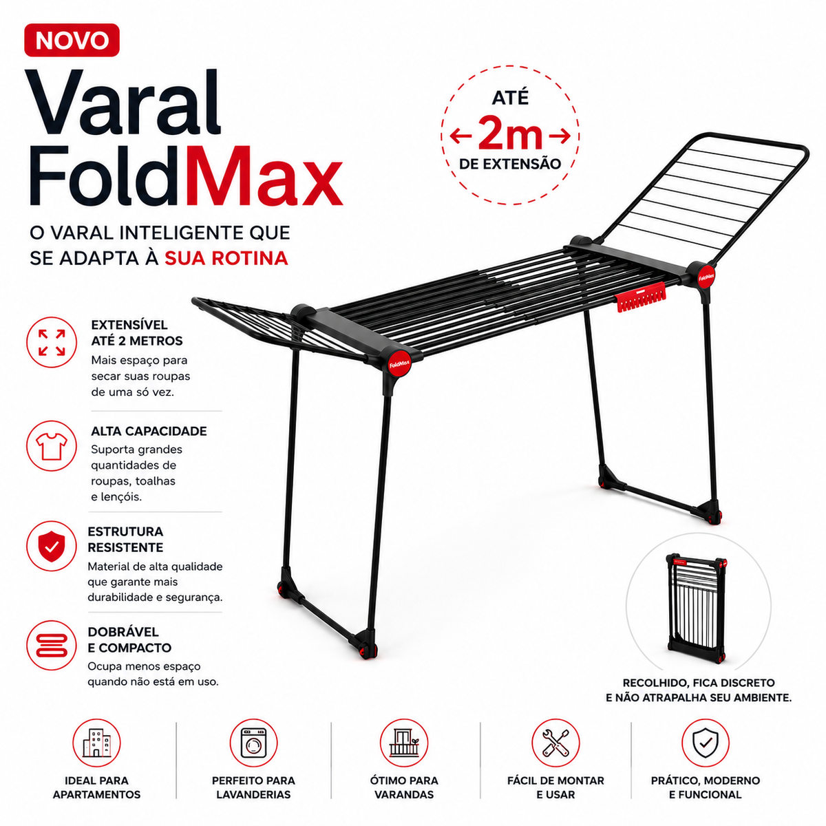 Varal FoldMax™ – Compacto e Dobrável [Até 2M de Abertura]