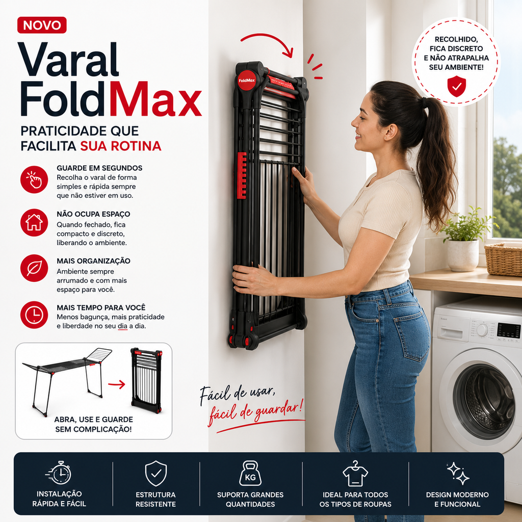 Varal FoldMax™ – Compacto e Dobrável [Até 2M de Abertura]