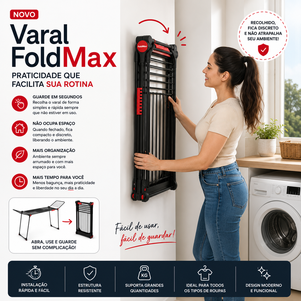 Varal FoldMax™ – Compacto e Dobrável [Até 2M de Abertura]